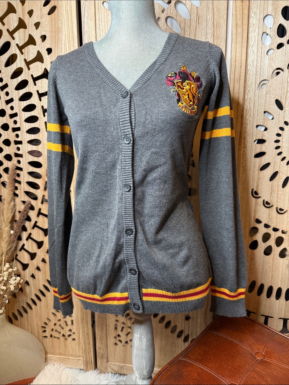 Gray V-Neck Button Cardigan with Yellow Stripe Accents
